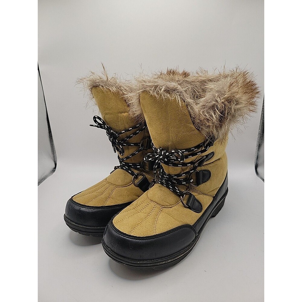 Athletech Woman’s Winter Boots Size 7 Lace Up Suede-Like Faux Fur Trim Tan